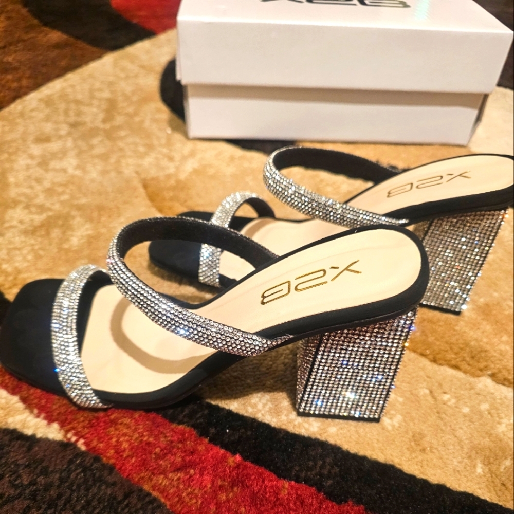 X2 Women's Black and Silver Heeled Bling Sandals Size 5.5